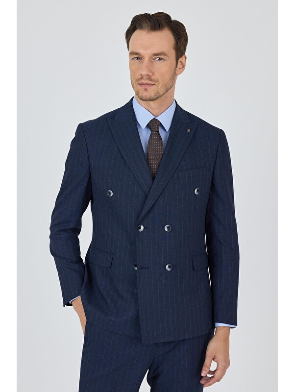 İMZA Lacivert Kılıç Yaka Çizgili Desen Kruvaze Classic Esnek Slim Fit Takım Elbise 1001250173