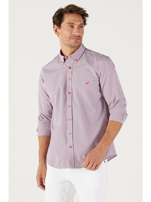 AC&Co / Altınyıldız Classics Erkek Lacivert-Kırmızı Slim Fit Dar Kesim Düğmeli Yaka Logolu Cepli Pamuklu Çizgili Gömlek