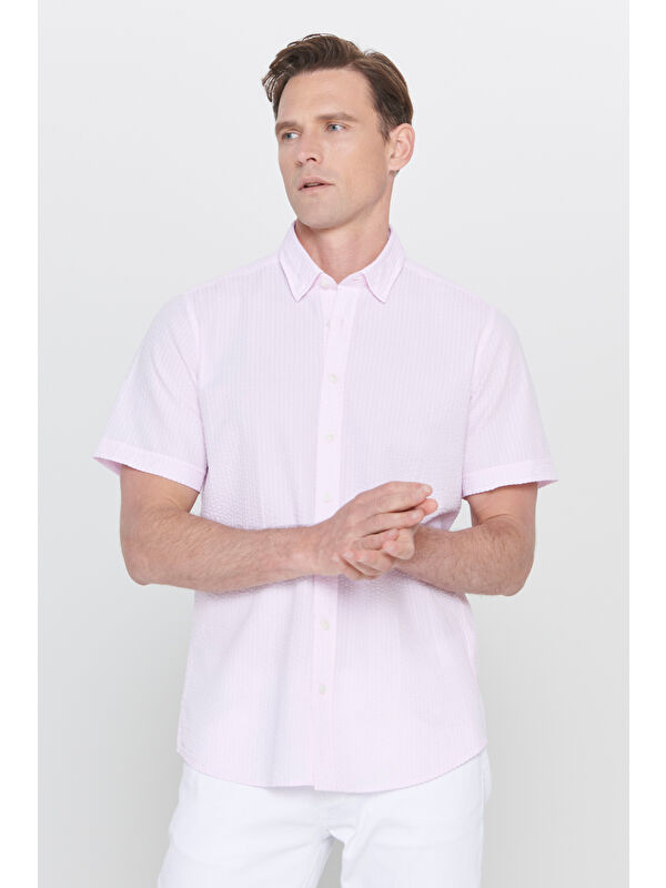 AC&Co / Altınyıldız Classics Erkek Pembe Slim Fit Dar Kesim Gizli Düğmeli Yaka %100 Pamuk Gofre Desenli Gömlek