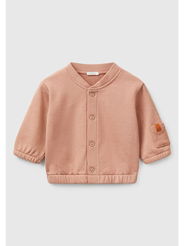 United Colors Of Benetton Bebek Koyu Bej Önü Düğmeli Kolu Cepli Bomber Yakalı Sweatshirt