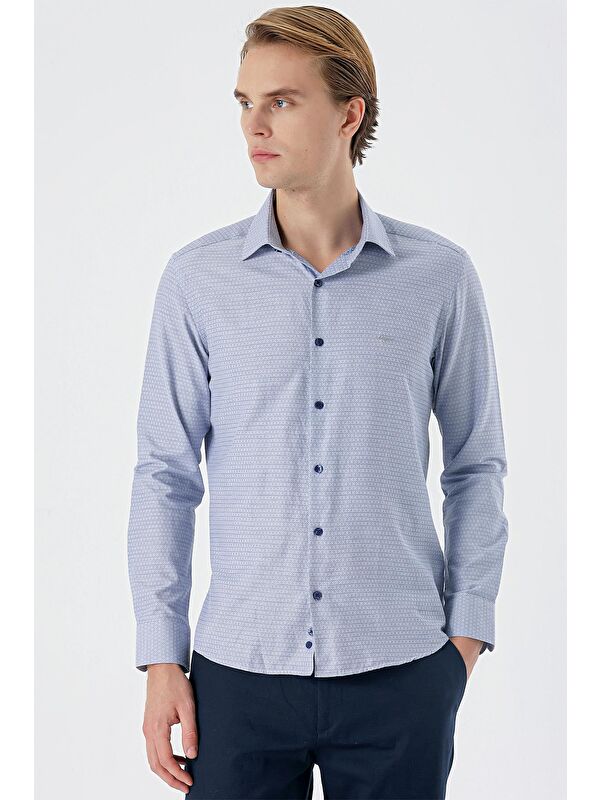 İMZA Koyu Lacivert Uzun Kollu Armürlü Cepsiz Pamuklu Slim Fit Gömlek 1004235168