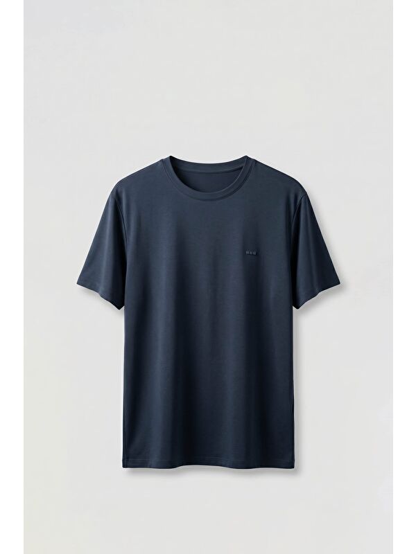 Abluka Online Erkek Slim Fit Bisiklet Yaka Basic T-Shirt Lacivert