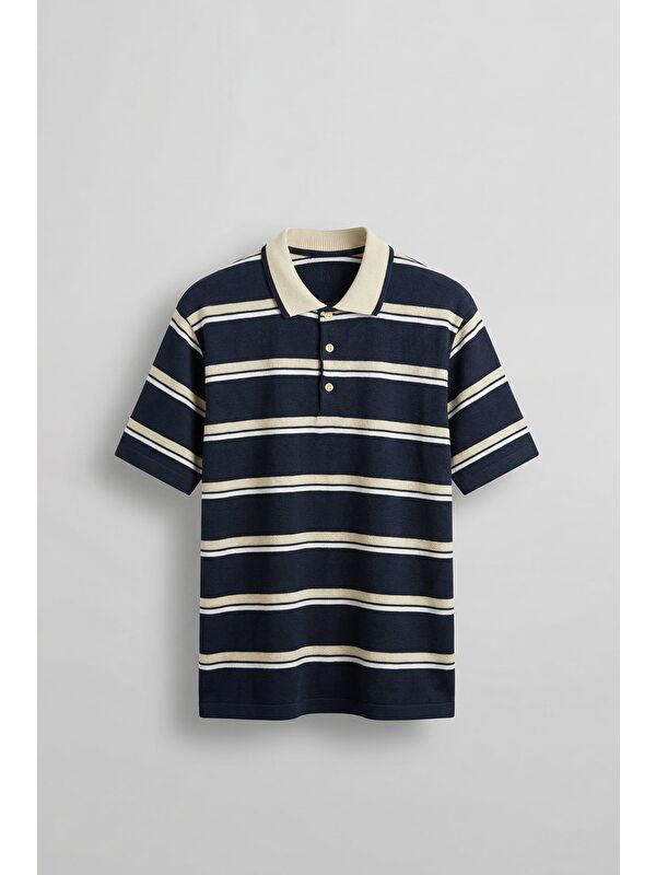 Abluka Online Erkek Regular Fit Çizgili Triko Polo Yaka T-Shirt Lacivert