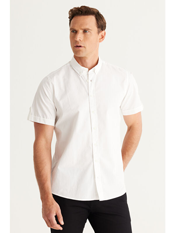 AC&Co / Altınyıldız Classics Erkek Beyaz Slim Fit Dar Kesim Düğmeli Yaka Pamuklu Keten Gömlek