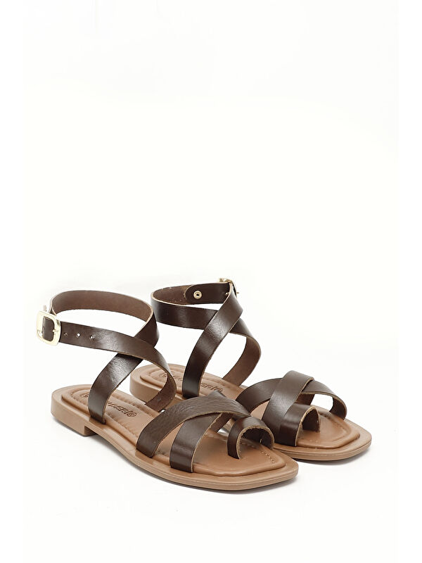 Kadın ÇİKOLATA KAHVE Parmak Arası Bilek Bağlı Hakiki Deri Sandalet - Görsel 3