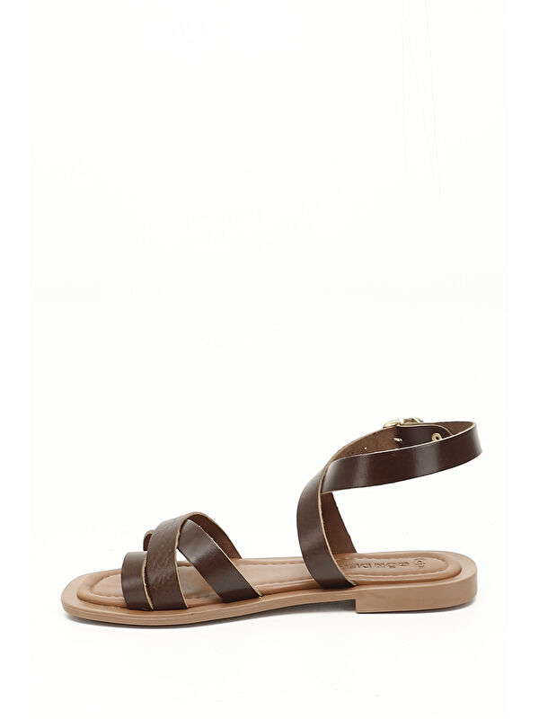 Kadın ÇİKOLATA KAHVE Parmak Arası Bilek Bağlı Hakiki Deri Sandalet - Görsel 4