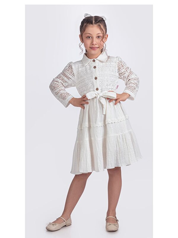 Pina Kids Kız Çocuk Uzun Kollu Gupürlü Kuşaklı Düğmeli Elbise ELB.2699Y