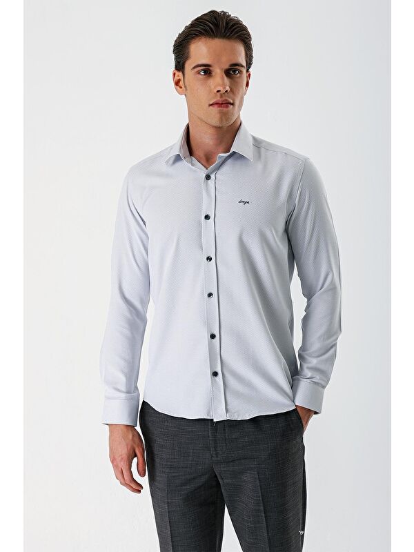 İMZA Gri Uzun Kollu Desenli Armürlü Sert Yaka Cepsiz Pamuklu Slim Fit Dar Kesim Gömlek 1004235171