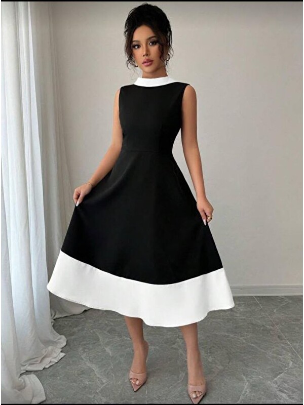 Jane's Kadın Bisiklet Yaka çift Renk çan Etek Detay Krep Kumaş Maxi Boy Elbise