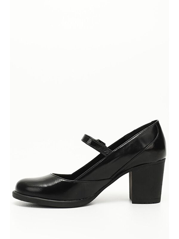 KOYU SİYAH Hakiki Deri Yuvarlak Burun Orta Topuklu Kauçuk Taban Kadın Ayakkabı 24136 - Görsel 4