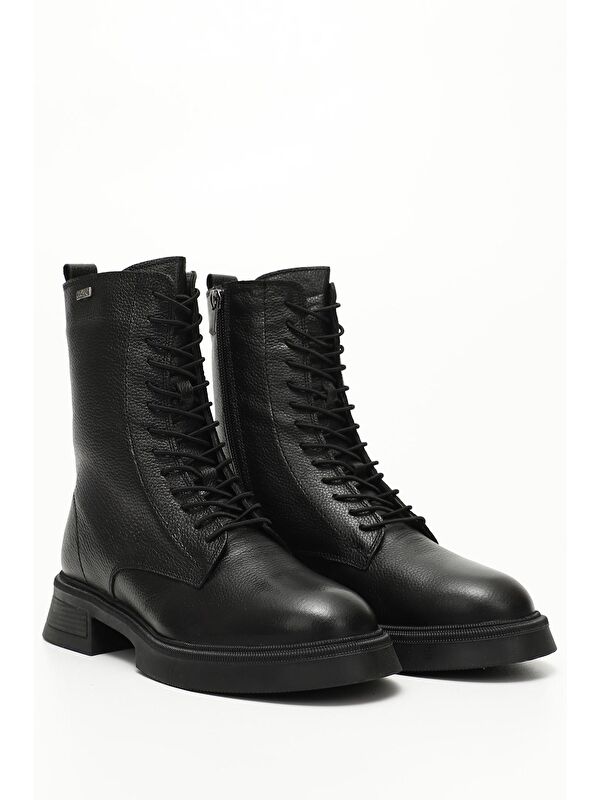 KOYU SİYAH Hakiki Deri Yuvarlak Burun Termo Taban Bağcıklı Fermuarlı Kadın Postal Bot 51455 - Görsel 4