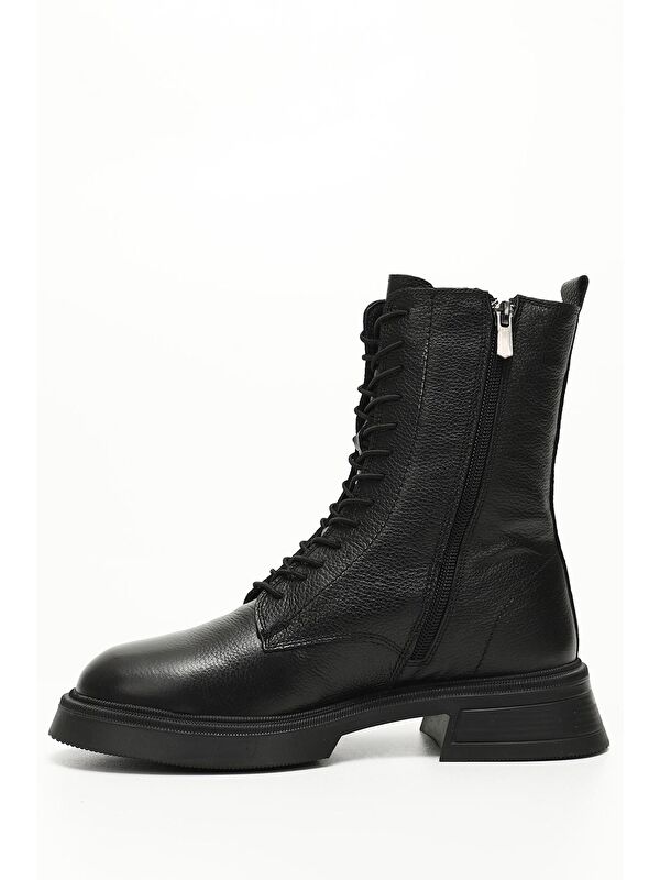 KOYU SİYAH Hakiki Deri Yuvarlak Burun Termo Taban Bağcıklı Fermuarlı Kadın Postal Bot 51455 - Görsel 5