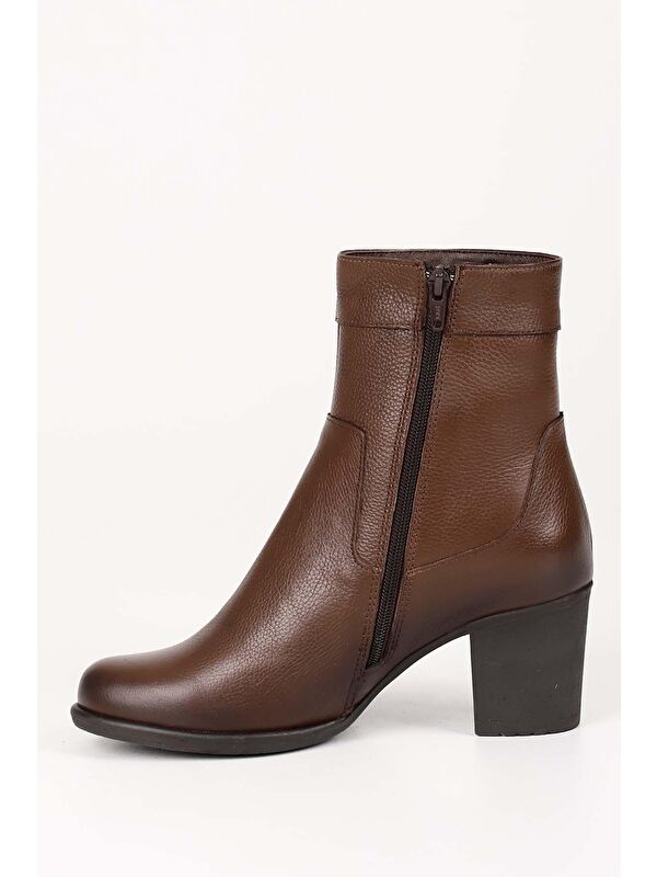 KAHVERENGİ Hakiki Deri Yuvarlak Burun Kauçuk Taban Topuklu Fermuarlı Kadın Günlük Bot 48457 - Görsel 7