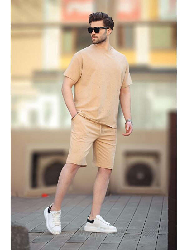 Madmext Bej Basic Erkek Şort T-Shirt Takımı E7309