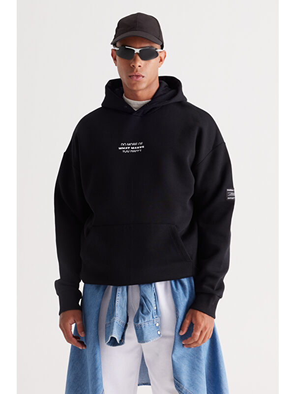 AC&Co / Altınyıldız Classics Erkek Siyah Oversize Fit Bol Kesim Kapüşonlu İçi Polarlı Pamuklu Sweatshirt