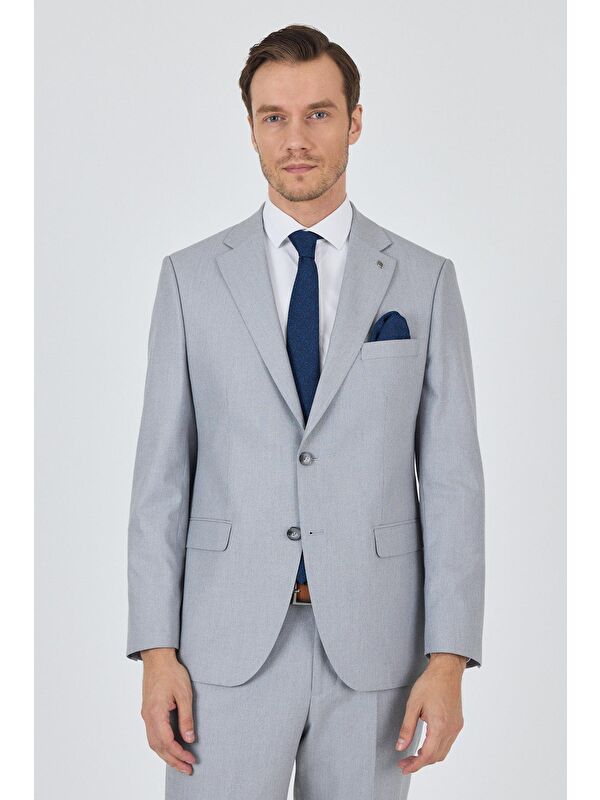 İMZA Gri Mono Yaka Desenli Astarlı Çift Yırtmaç Esnek 6 Drop Comfort Fit Classic Takım Elbise 1001250161