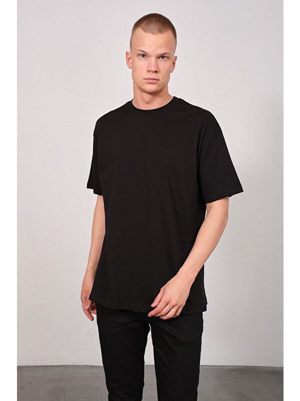 C&City Erkek Bisiklet Yaka 2'li Oversize Basic Tişört 991 Siyah