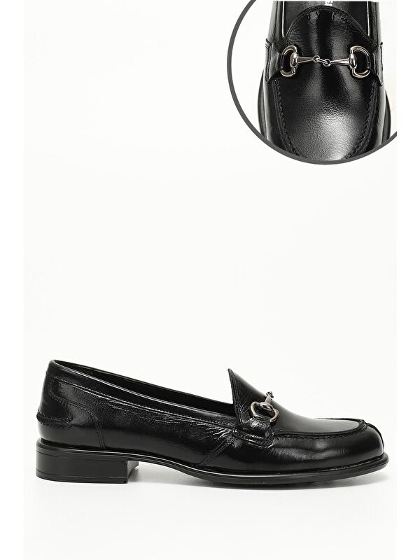 KOYU SİYAH Hakiki Deri Yuvarlak Burun Loafer Tokalı Kadın Günlük Ayakkabı 24210 - Görsel 4