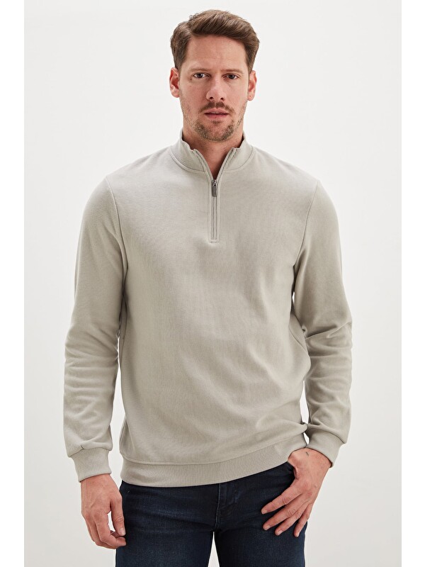 Fullamoda Fitilli Dik Yaka Yarım Fermuarlı Sweatshirt