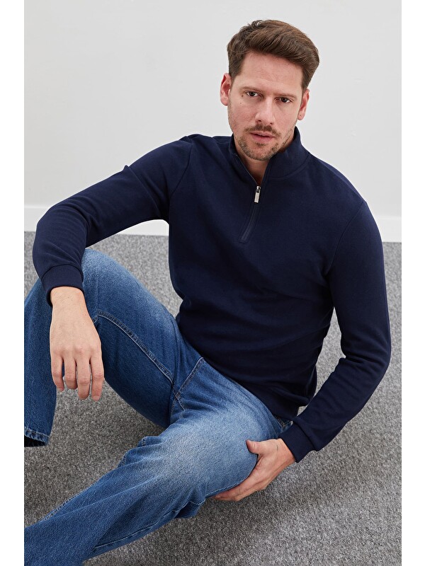 Fullamoda Fitilli Dik Yaka Yarım Fermuarlı Sweatshirt
