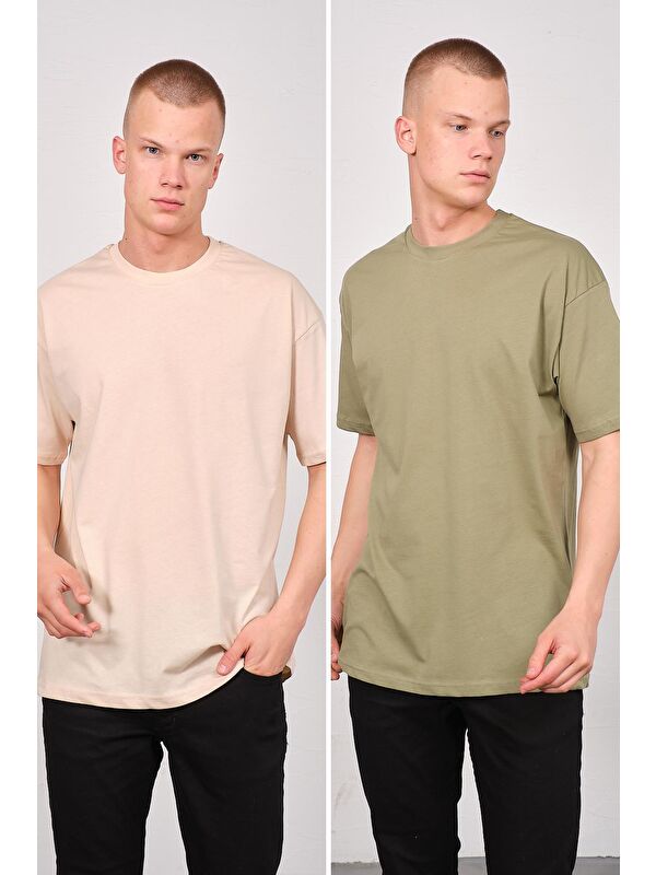 C&City Erkek Bisiklet Yaka 2'li Oversize Basic Tişört 991 Haki/Bej