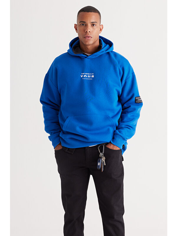 AC&Co / Altınyıldız Classics Erkek Mavi Oversize Fit Bol Kesim Kapüşonlu İçi Polarlı Pamuklu Sweatshirt