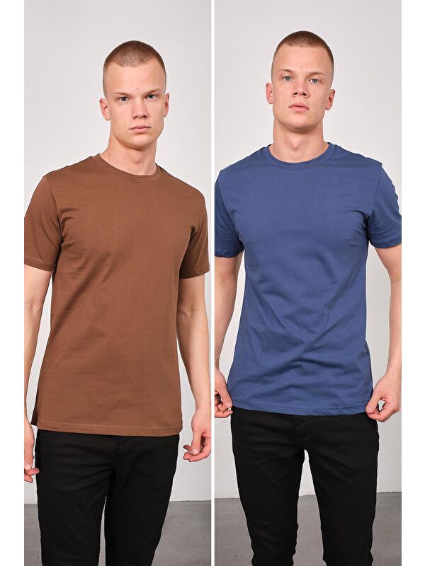 C&City Erkek Bisiklet Yaka 2'li Regular Fit Basic Tişört 990 Kahverengi/İndigo