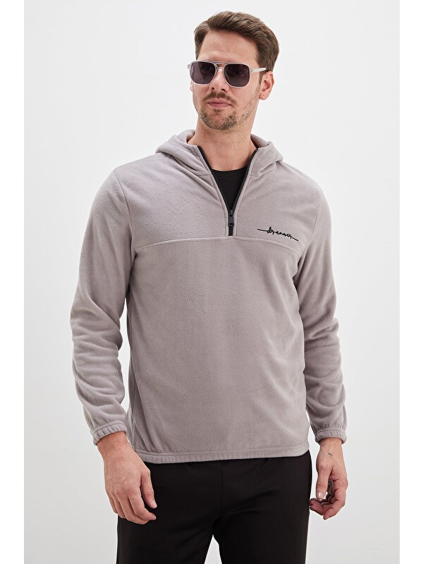Fullamoda Yarım Fermuarlı Kapüşonlu Polar Sweatshirt