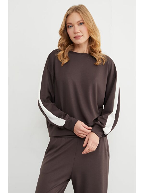 Fullamoda Kolu Şeritli Bisiklet Yaka Modal Sweatshirt
