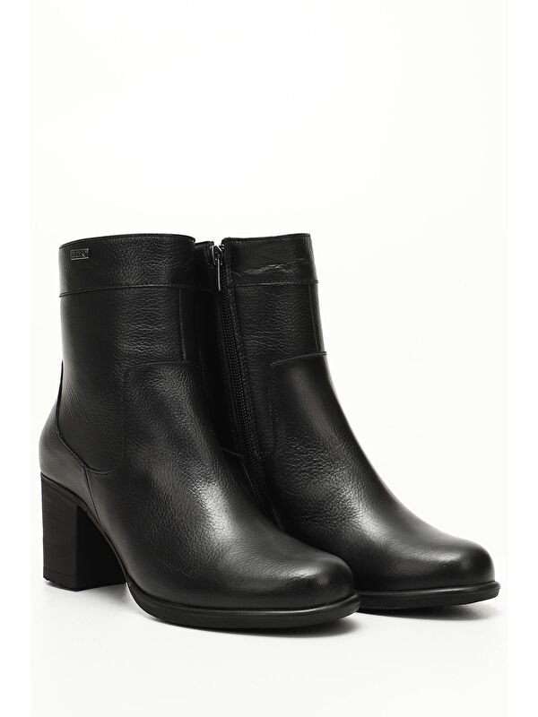 KOYU SİYAH Hakiki Deri Yuvarlak Burun Kauçuk Taban Topuklu Fermuarlı Kadın Günlük Bot 48457 - Görsel 3