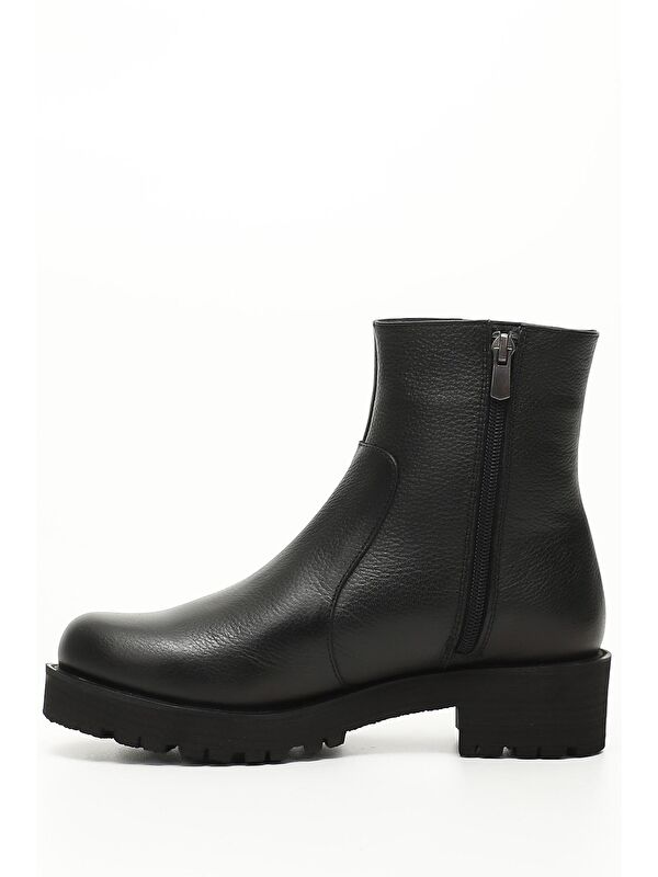 KOYU SİYAH Hakiki Deri Yuvarlak Burun Topuklu Kauçuk Taban Fermuarlı Kadın Günlük Bot 52421 - Görsel 4