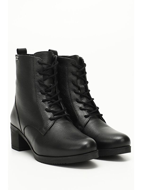 KOYU SİYAH Hakiki Deri Yuvarlak Burunlu Fermuarlı Bağcıklı Kadın Günlük Bot 51402 - Görsel 3