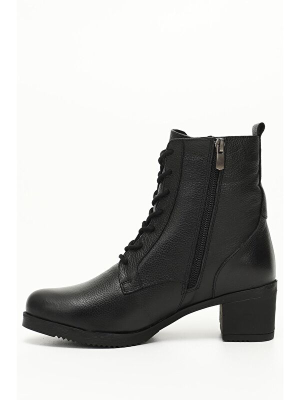 KOYU SİYAH Hakiki Deri Yuvarlak Burunlu Fermuarlı Bağcıklı Kadın Günlük Bot 51402 - Görsel 4