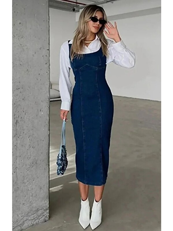 ginger love Kadın Koyu Mavi Denim Askılı Midi Elbise – Jean Kalem Elbise