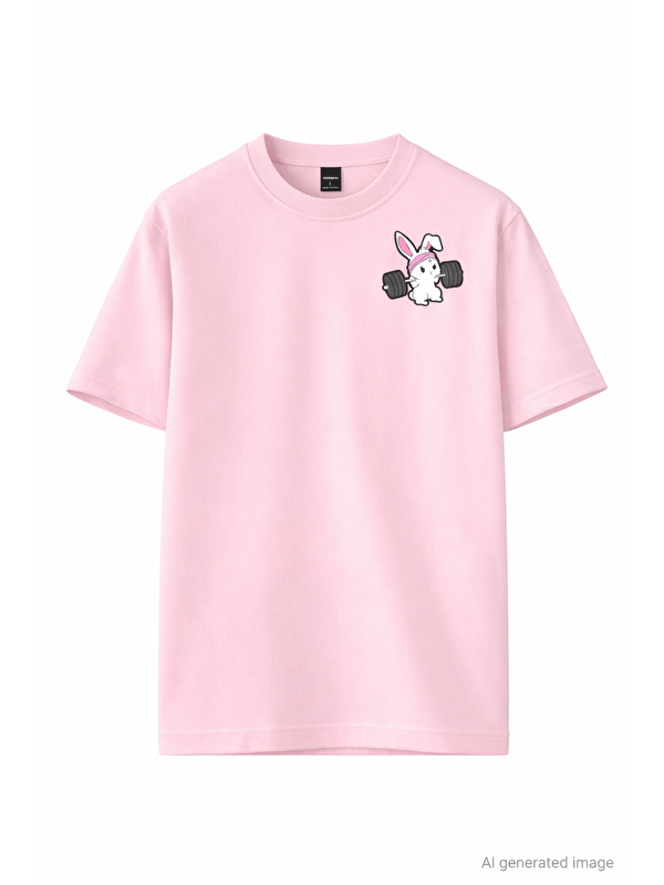 Oksit Pembe Gym BunnyHalter Kaldıran Tavşan Baskılı Unisex  Pamuklu Tişört-20024
