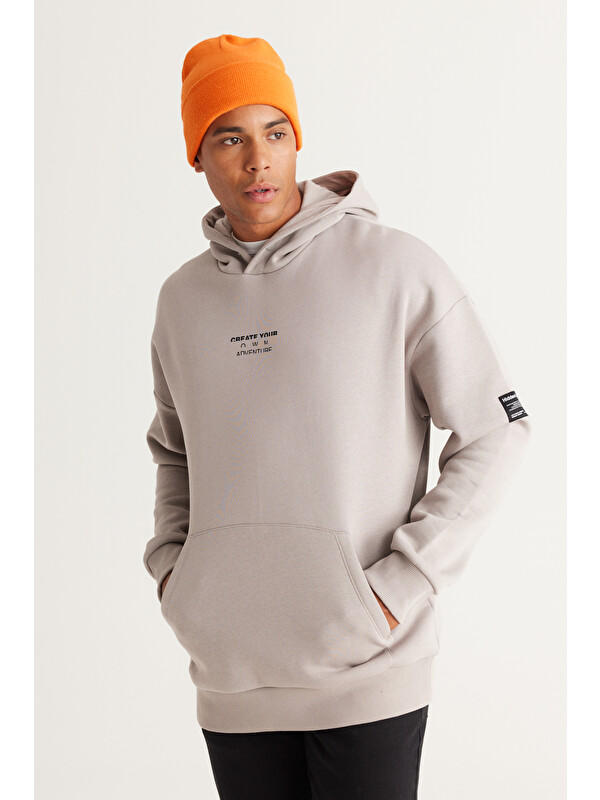 AC&Co / Altınyıldız Classics Erkek Açık Gri Oversize Fit Bol Kesim Kapüşonlu İçi Polarlı Pamuklu Sweatshirt