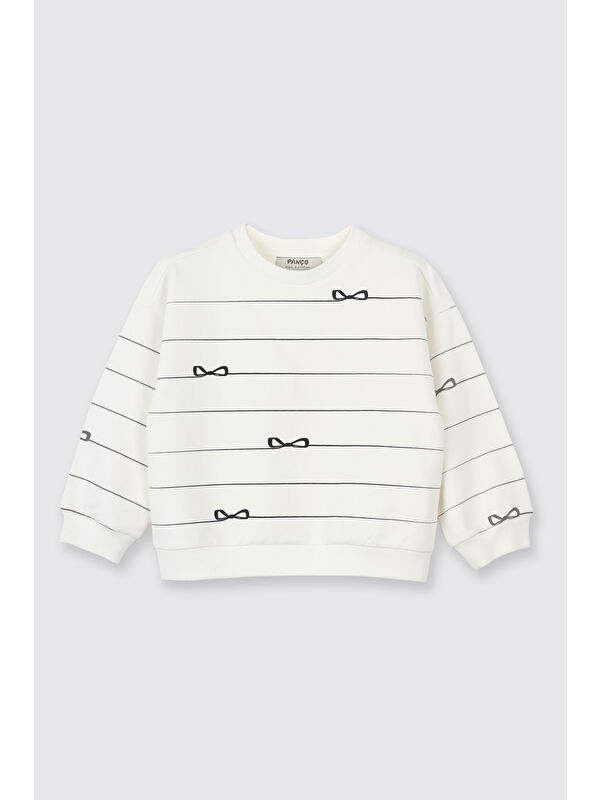 Panço Kız Bebek Fiyonk Desenli Ekru Sweatshirt