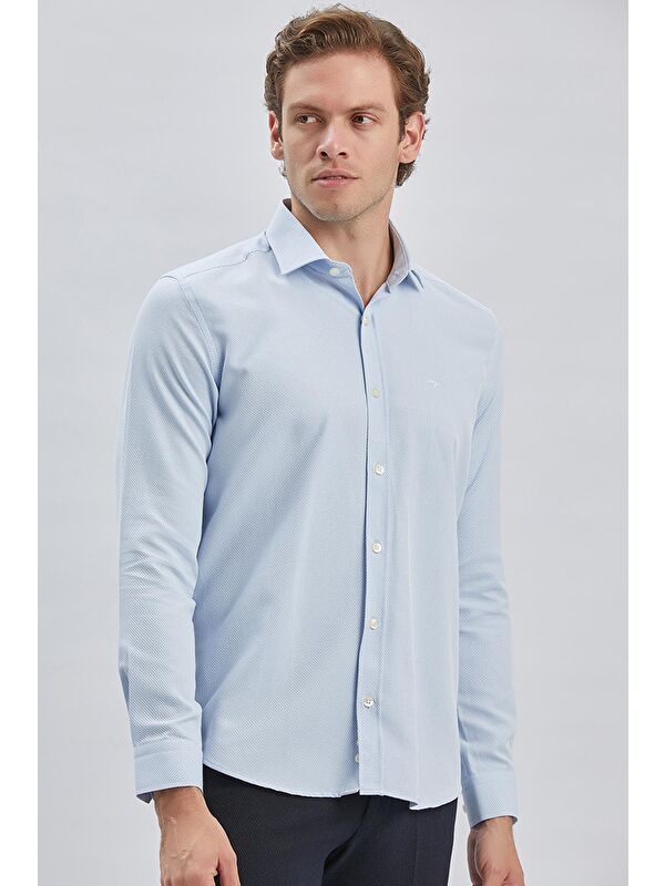 İMZA Mavi Uzun Kol Kendinden Desenli Armürlü Yarım İtalyan Yaka Classic Slim Fit Gömlek 1004240250