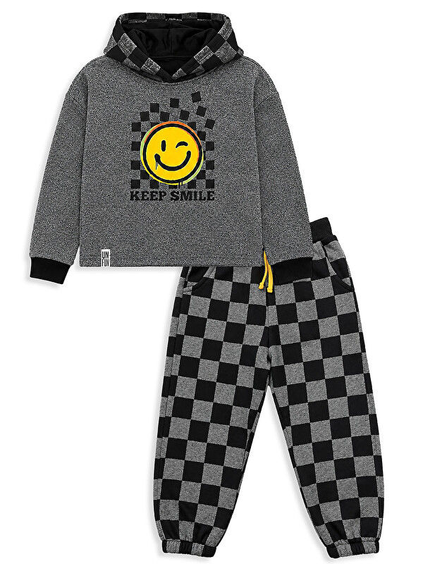 Denokids Erkek Çocuk Eşofman Takım Damalı Kalın Kapüşonlu Sweatshirt Eşofman Altı