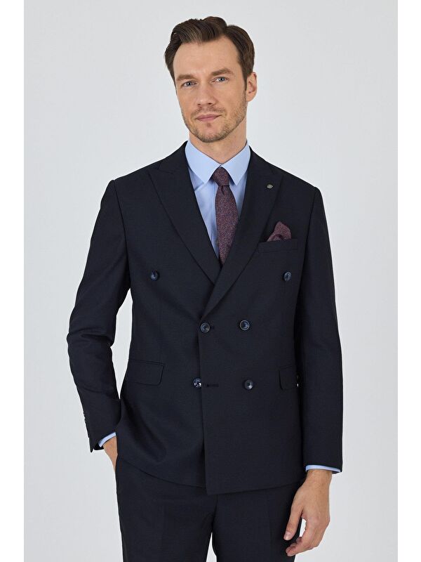 İMZA Koyu Lacivert Kılıç Yaka Düz Kruvaze Classic Esnek Slim Fit Takım Elbise 1001250172