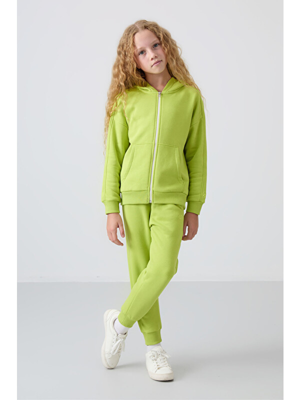 Tommylife Lime Yeşil Pamuklu İçi Tüylü Yumuşak Dokulu Standart Fit Nakışlı Kız Çocuk Eşofman Takım - 75148