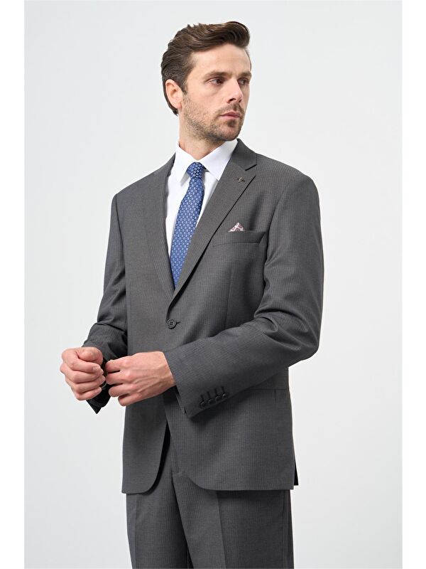 İMZA Koyu Antrasit Desen Mono Yaka 6 Drop Comfort Fit Classic Takım Elbise 1001245160