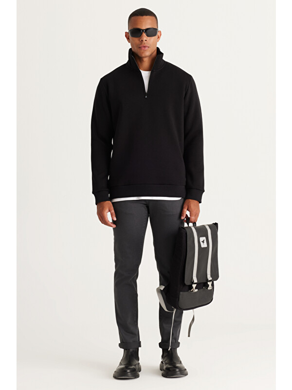 AC&Co / Altınyıldız Classics Erkek Siyah Standart Fit Normal Kesim İçi Polarlı Bato Yaka Pamuklu Sweatshirt