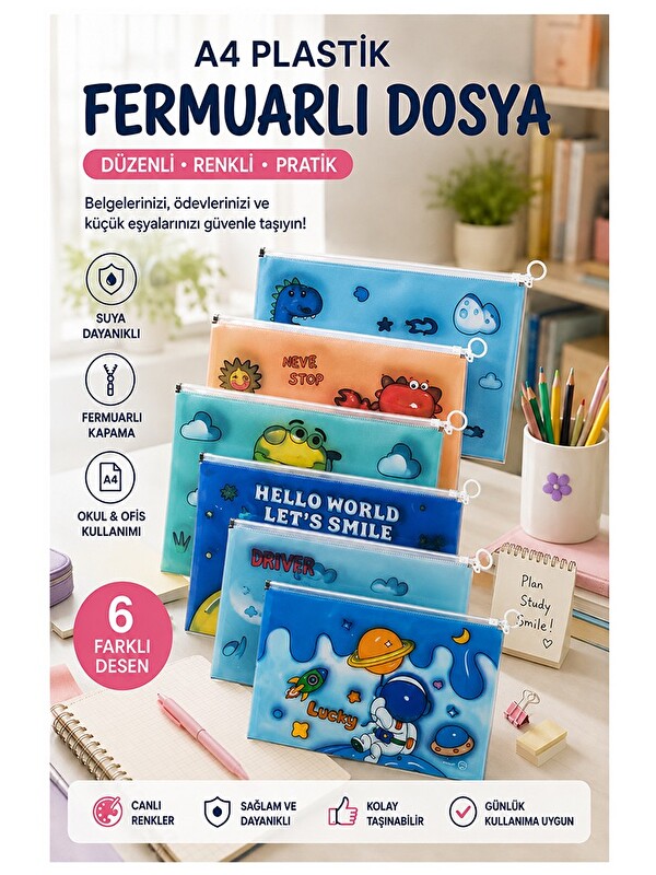 artmaster Fermuarlı Dosya Erkek Figürlü A4 6 Adet Fixpoint 2380 Plastik Desenli Fermuarlı Zarf Dosya Ödev Evra