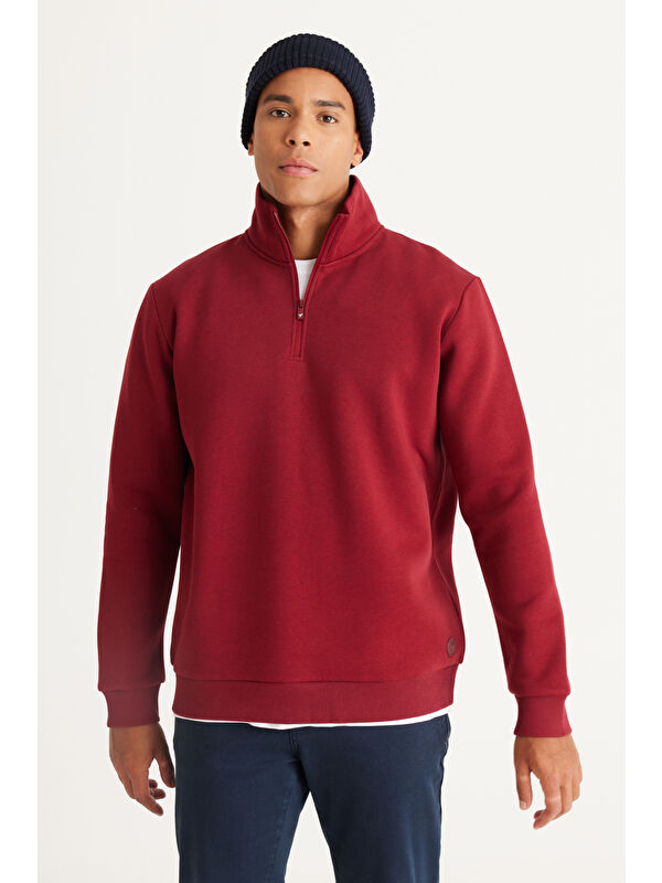 AC&Co / Altınyıldız Classics Erkek Bordo Standart Fit Normal Kesim İçi Polarlı Bato Yaka Pamuklu Sweatshirt