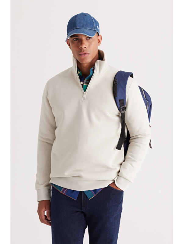 AC&Co / Altınyıldız Classics Erkek Bej Standart Fit Normal Kesim İçi Polarlı Bato Yaka Pamuklu Sweatshirt