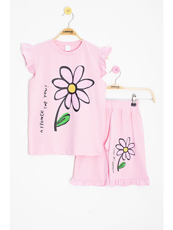 Cansın Mini Pembe Papatya Baskılı Fırfır Detaylı Kız Çocuk Şortlu 2li Takım 20602