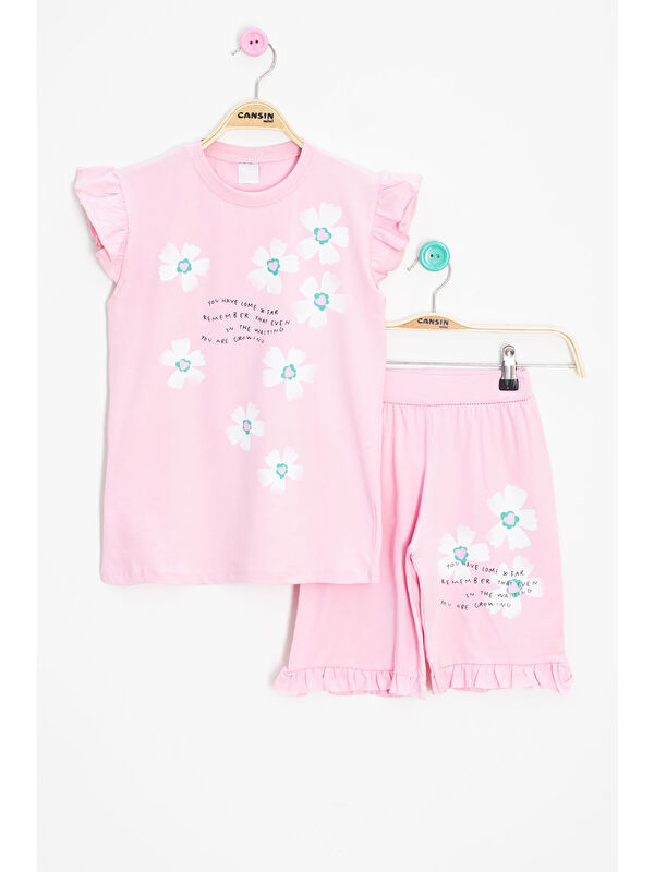 Cansın Mini Pembe Çiçek Desenli Fırfır Detaylı Kız Çocuk Şortlu Takım 20598