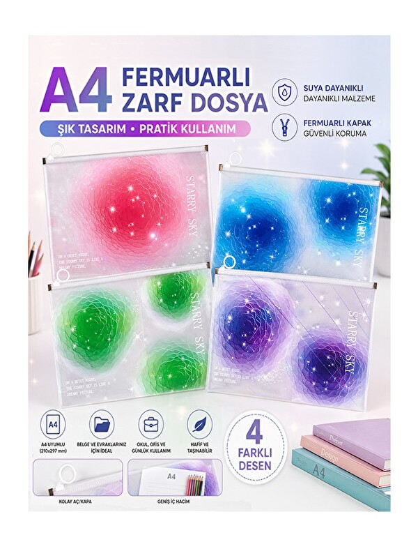 artmaster Fermuarlı Dosya Renkli A4 4 Adet Fixpoint 3073 Plastik Desenli Fermuarlı Zarf Dosya Ödev Evrak Belge