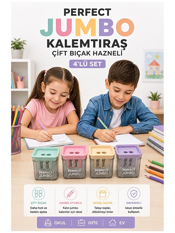 artmaster Kalemtraş 4 Adet Perfect Hazneli Çift Bıçaklı Jumbo Kalem Açacağı Plastik Kalemtıraş Kalem Traş Okul